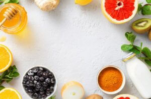 Frame Of Healthy Products For Immunity Boosting Top View. Vegetables And Fruits To Boost Immune System